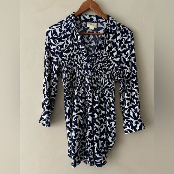 Anthropologie Maeve Alexa Smocked Bird Print Navy & White size S - Picture 2 of 4